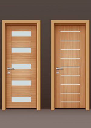 Vector modern wooden doors with glass in eco-minimalism style on wall of brown color
